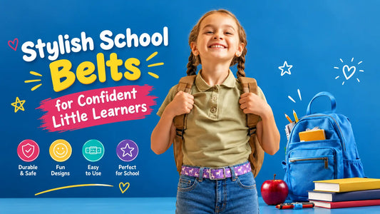 Smiling young girl wearing a purple patterned school belt and backpack, standing beside a blue backpack, books, pencils, and an apple, with colorful text promoting stylish school belts for confident young learners.