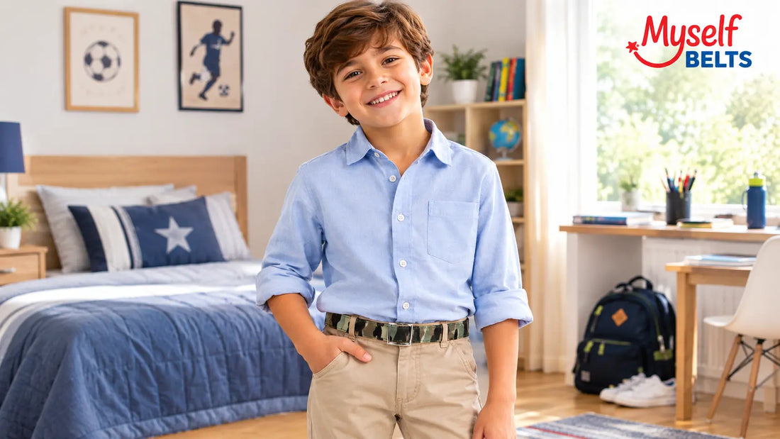 Smiling young boy wearing a light blue shirt and beige pants with a camouflage-patterned Myself Belts belt, standing confidently in a bright bedroom with a backpack and study area in the background.