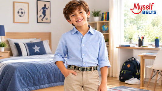 Smiling young boy wearing a light blue shirt and beige pants with a camouflage-patterned Myself Belts belt, standing confidently in a bright bedroom with a backpack and study area in the background.