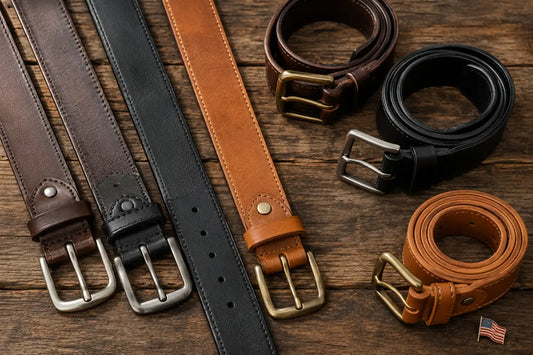 Collection of genuine leather belts in brown, black and tan showing full grain leather texture and quality stitching.