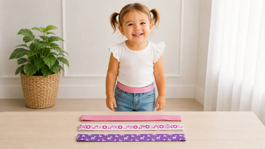 : Flat lay of three colourful easy fasten toddler belts including pink sparkle, rainbow and solid canvas on a soft white background