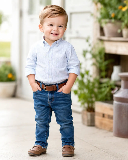 Toddler boy wearing a brown 3T belt with jeans, showcasing easy-fit toddler boy belts from Myself Belts