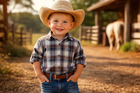 Toddler boy wearing a brown leather western-style belt and cowboy hat in a rustic setting.